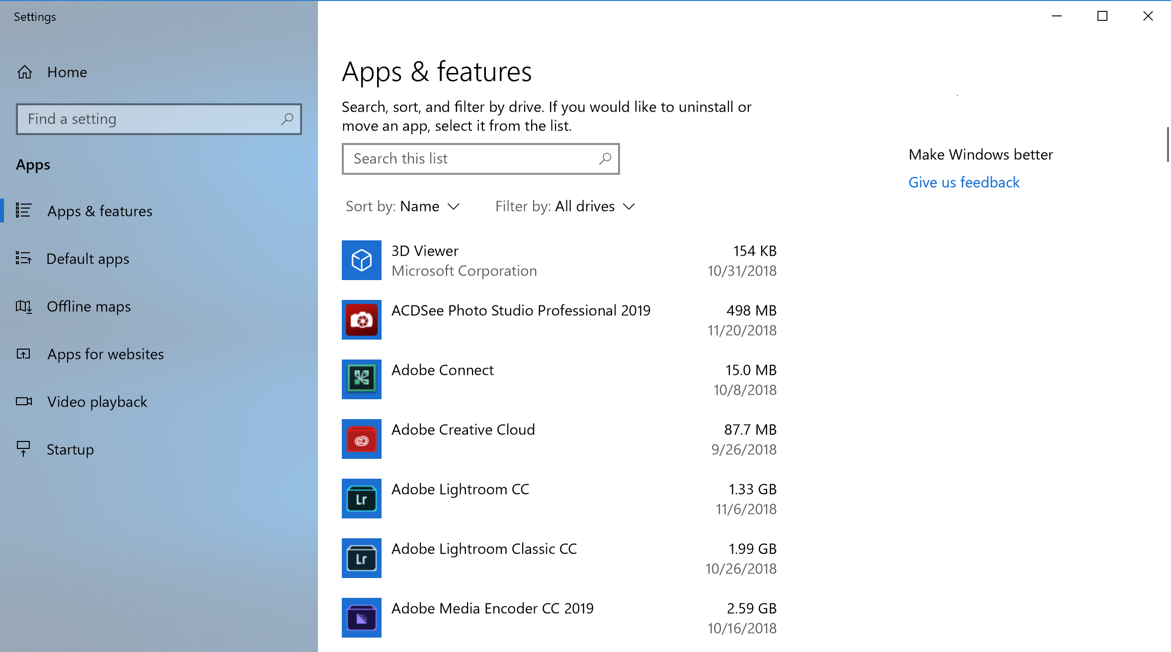 Aplicativos e recursos nas configurações do Windows