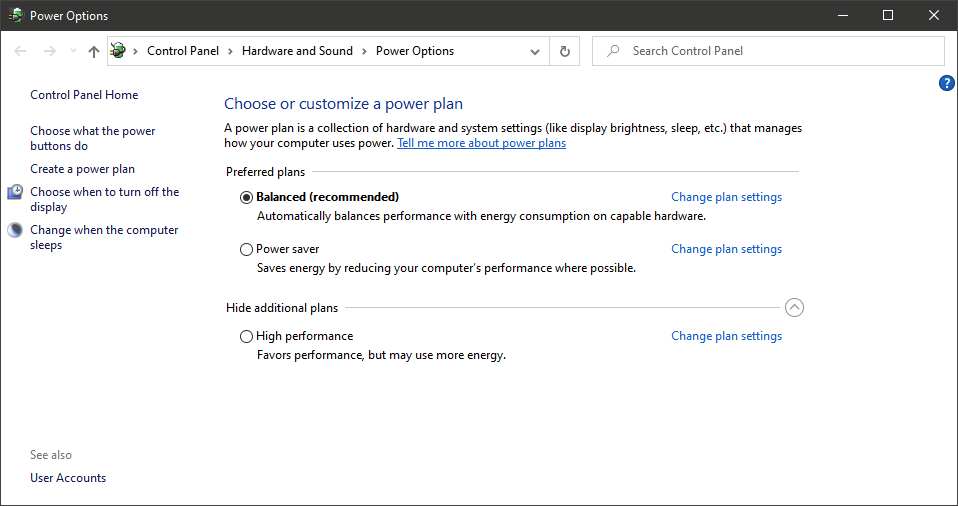 Opções de energia no Windows 10