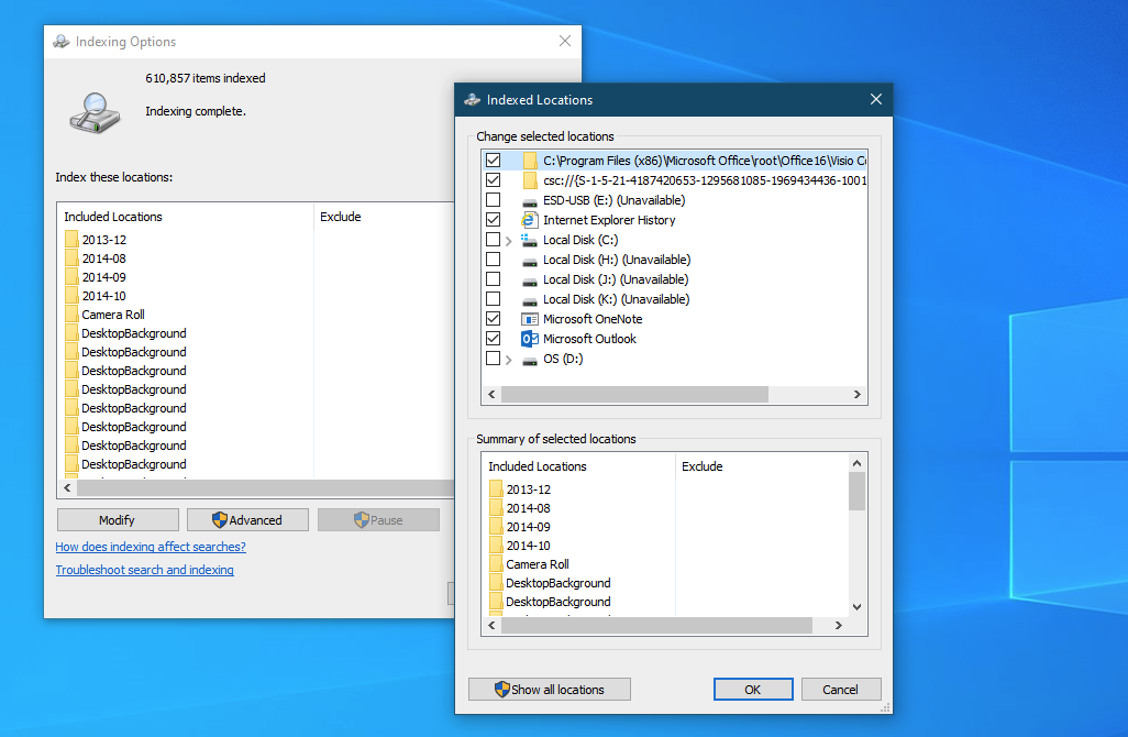 Indexação de pesquisa no Windows 10