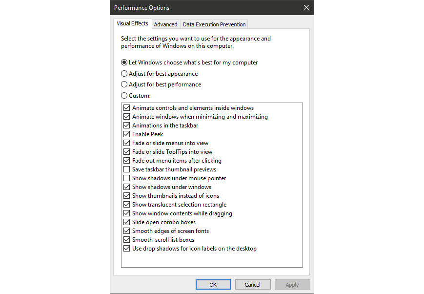 Configurações de efeitos visuais no Windows 10