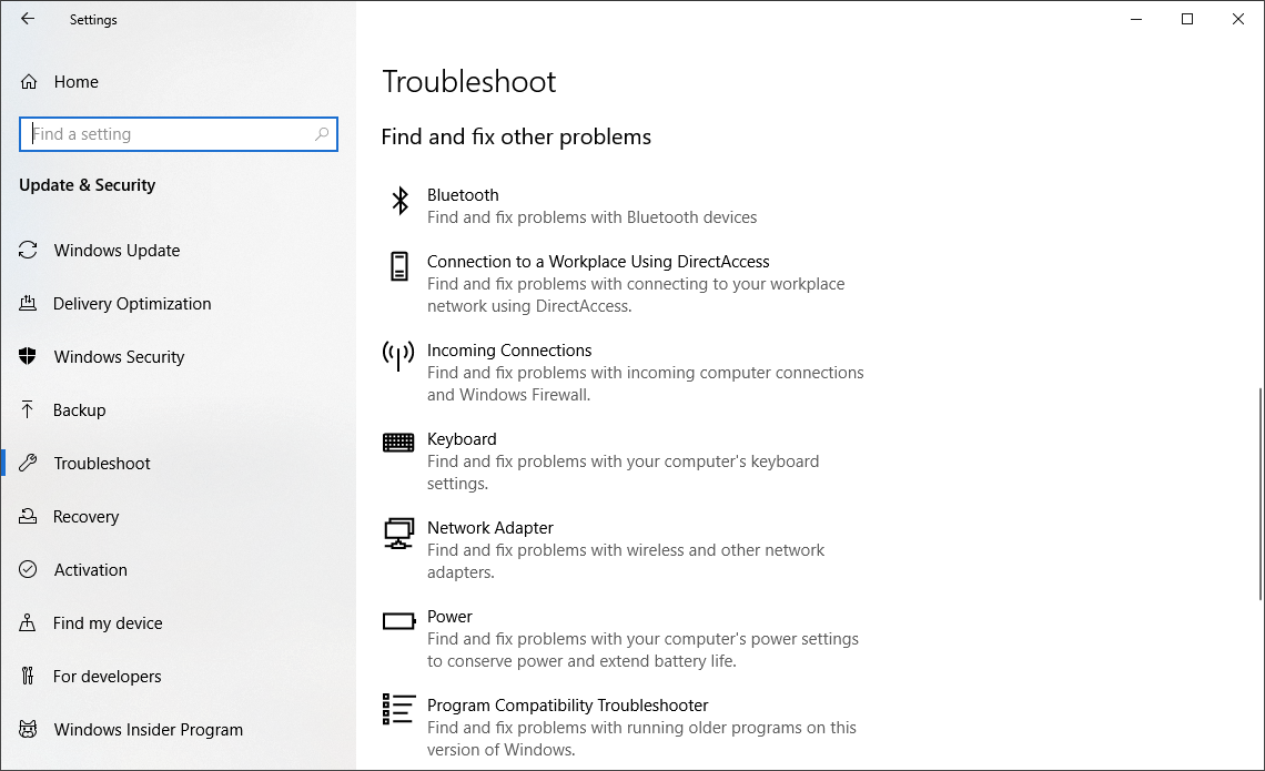 Solucionadores de problemas do Windows 10