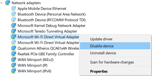 Klik kanan pada Microsoft Wi-Fi Direct Virtual Adapter dan pilih Nonaktifkan