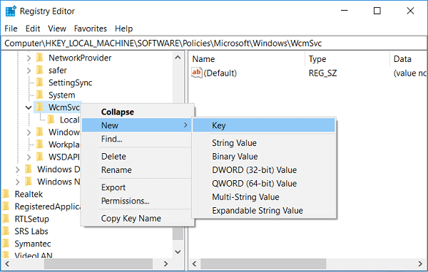 Klik kanan pada WcmSvc lalu pilih New and Key
