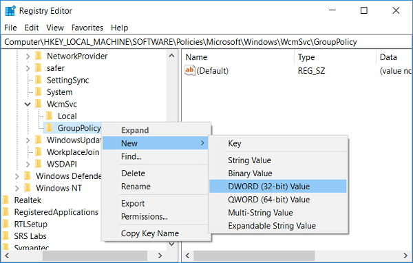 Klik kanan pada GroupPolicy lalu pilih New dan DWORD (32-bit) Value