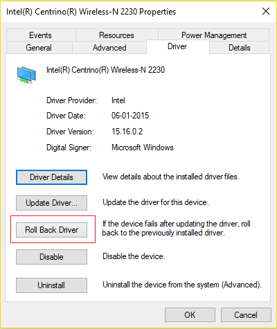 Beralih ke tab Driver dan klik Roll Back Driver di bawah Wireless Adapter