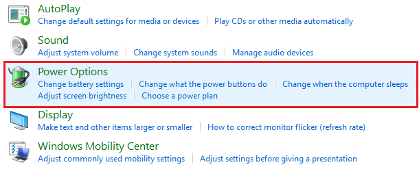 opsi daya di panel kontrol