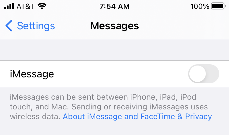 Désactiver iMessage dans le menu Paramètres Apple