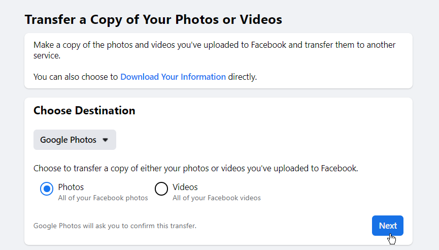 授予 Facebook 訪問您的 Google 照片庫的權限