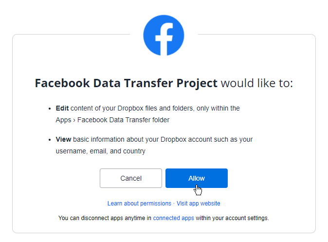 為 Facebook 授予 Dropbox 的必要權限