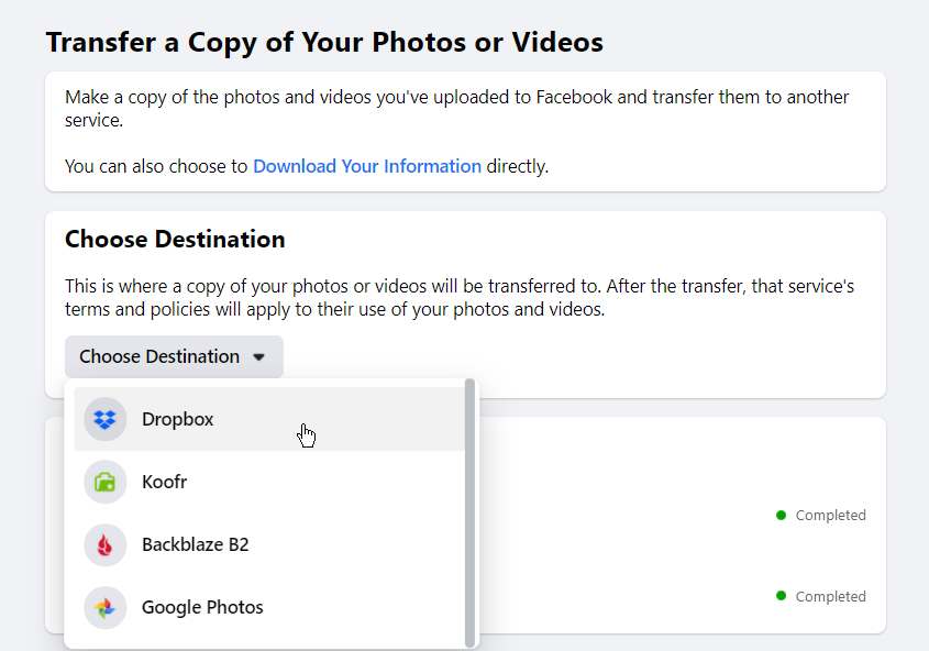 facebook 上的 Dropbox 選項