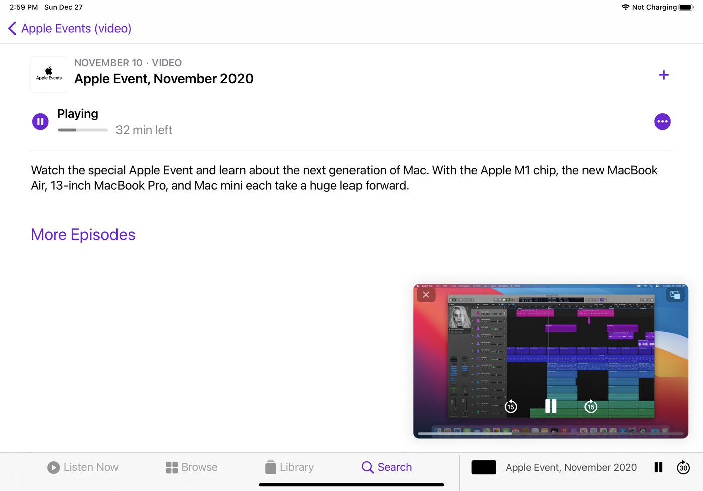 pip sur l'application de podcasts d'apple