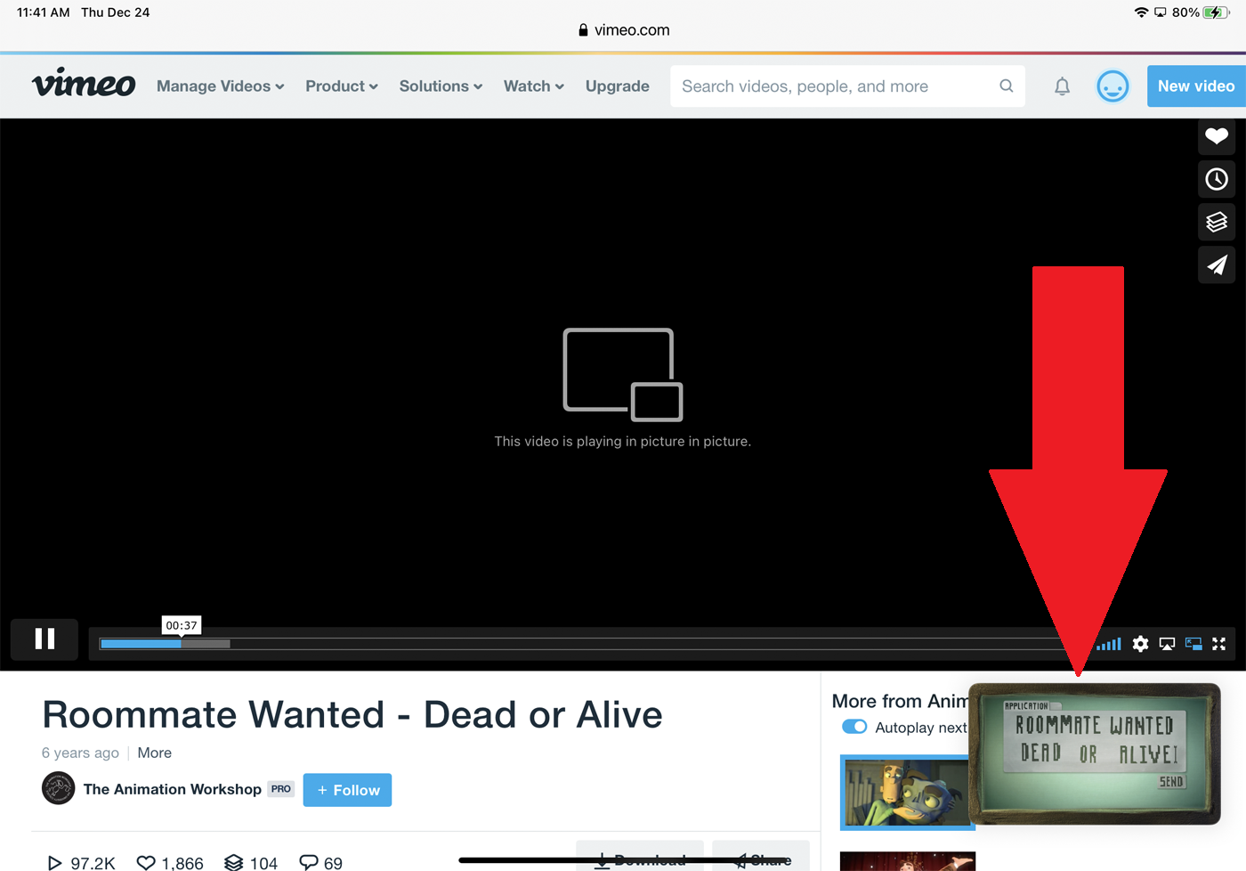 petite vidéo vimeo en cours de lecture en bas à droite de l'écran