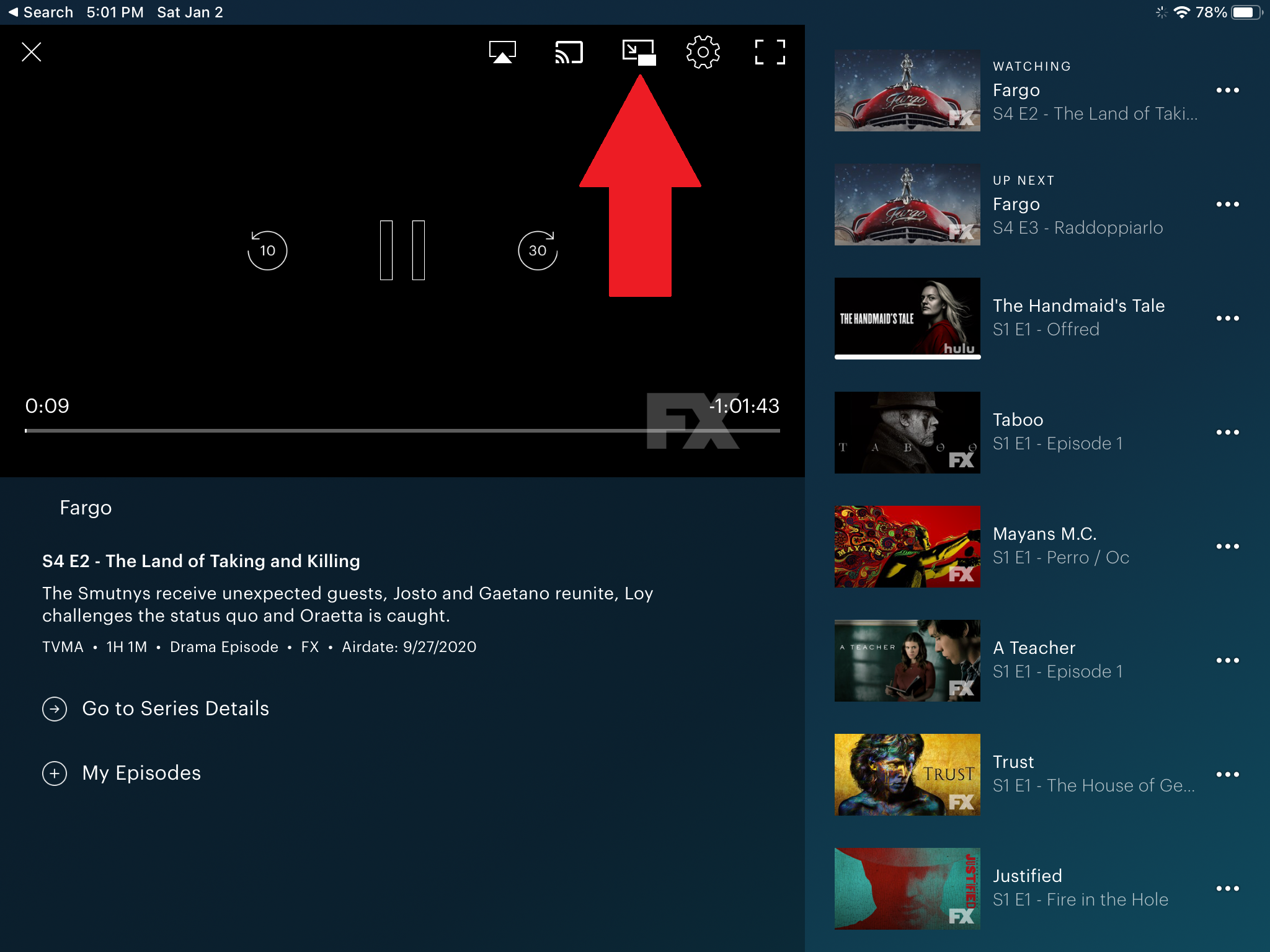 icône pip dans l'application hulu