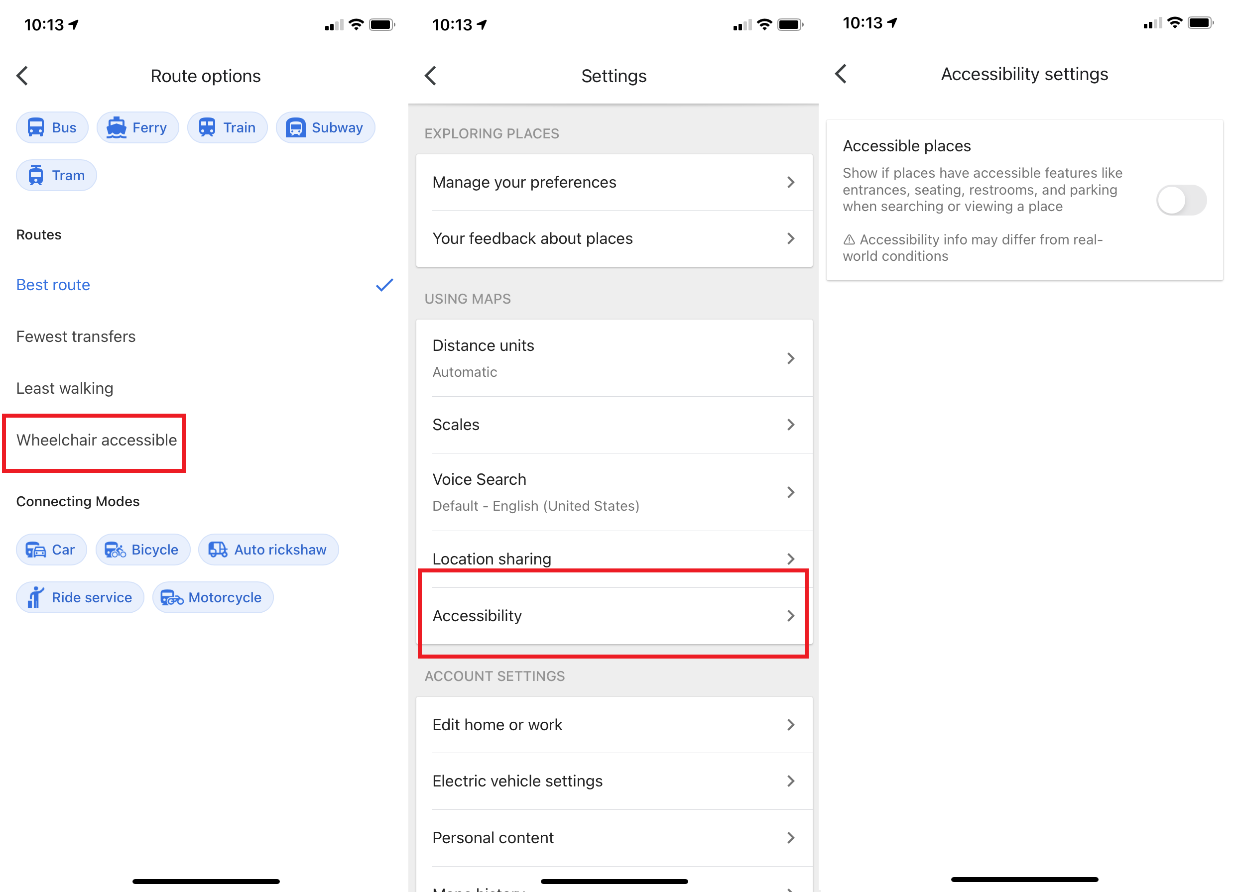 captura de pantalla de las rutas de archivos de accesibilidad en Google Maps