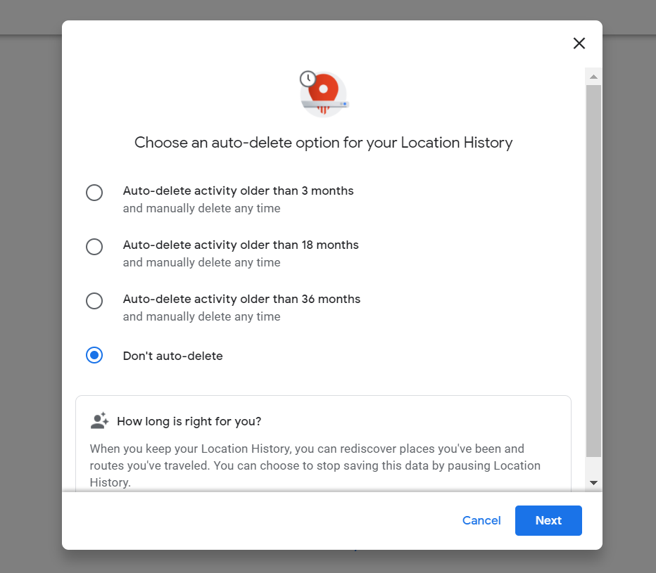 captura de pantalla del menú de Google Maps que le permite elegir con qué frecuencia eliminar su historial de ubicaciones