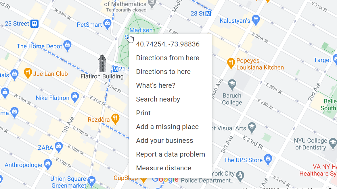 menú que aparece al hacer clic derecho en el escritorio de Google Maps