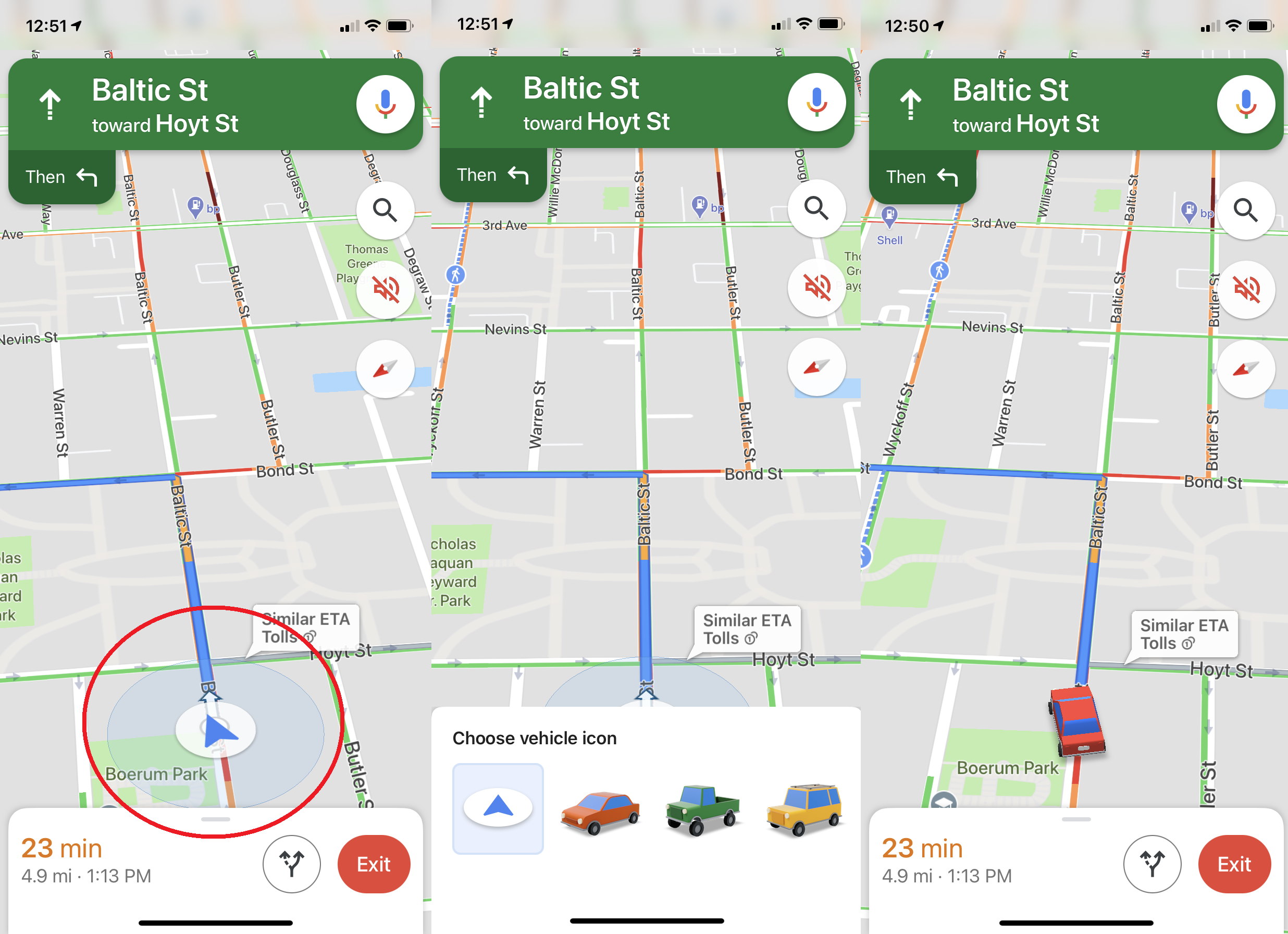 capturas de pantalla de cómo cambiar el ícono del automóvil que aparece en la aplicación de Google Maps
