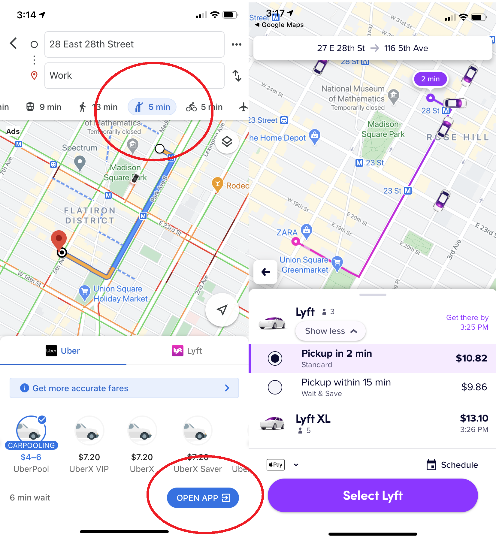 captura de pantalla de las opciones de Uber y Lyft dentro de la aplicación Google Maps y luego en la aplicación Lyft