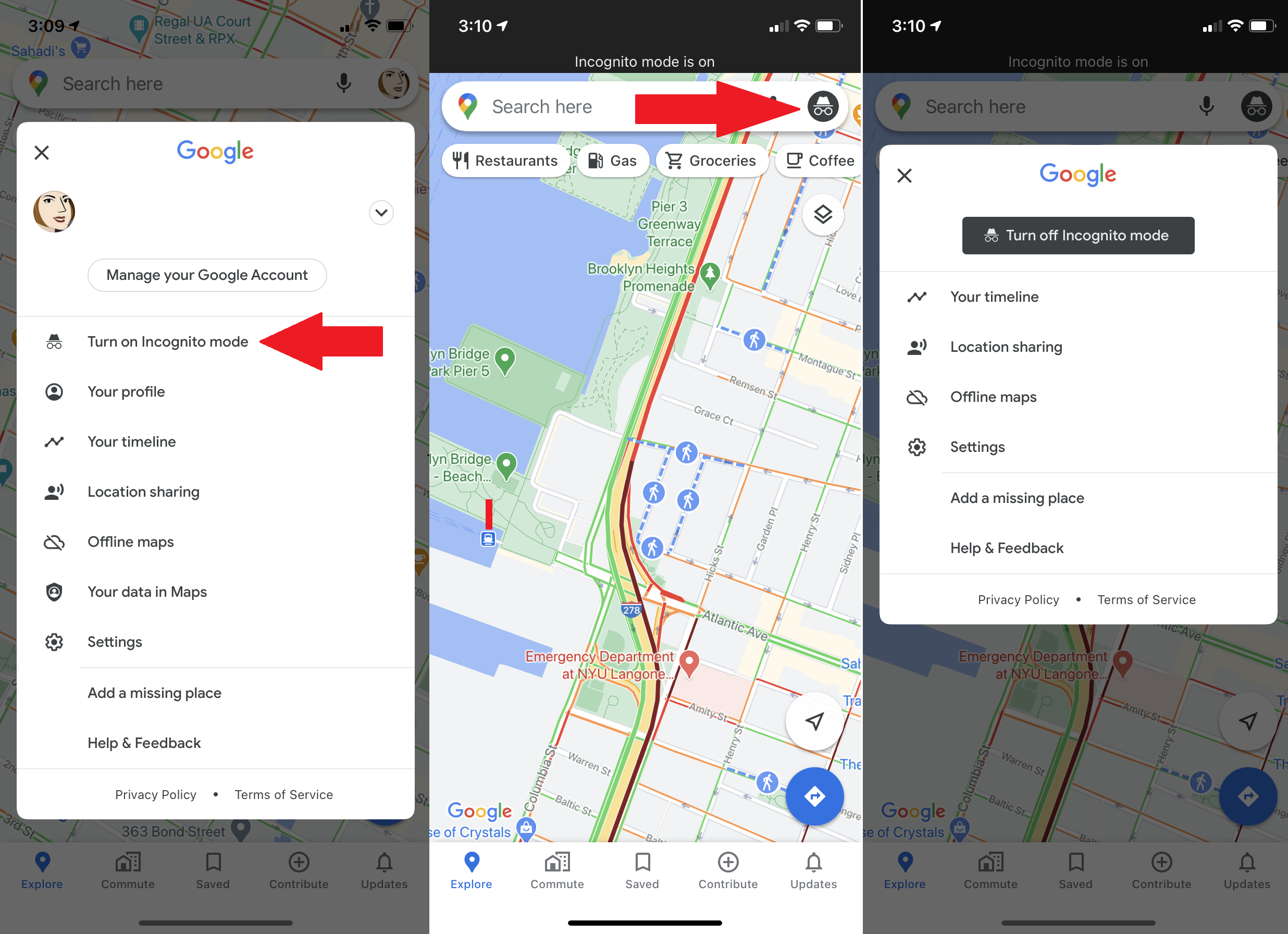 modo incógnito dentro de la aplicación ios de Google Maps