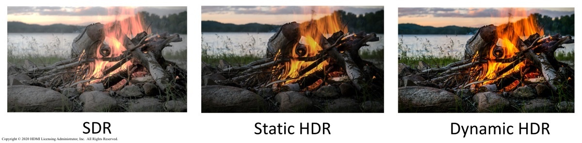 표준 해상도, 정적 HDR 및 동적 HDR로 표시되는 벽난로