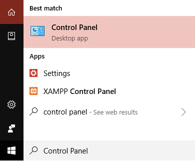 Ketik panel kontrol dalam pencarian