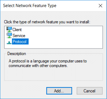 Pada jendela 'Select Network Feature Type' pilih Protocol dan klik Add
