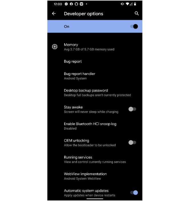 Opções do desenvolvedor no Android