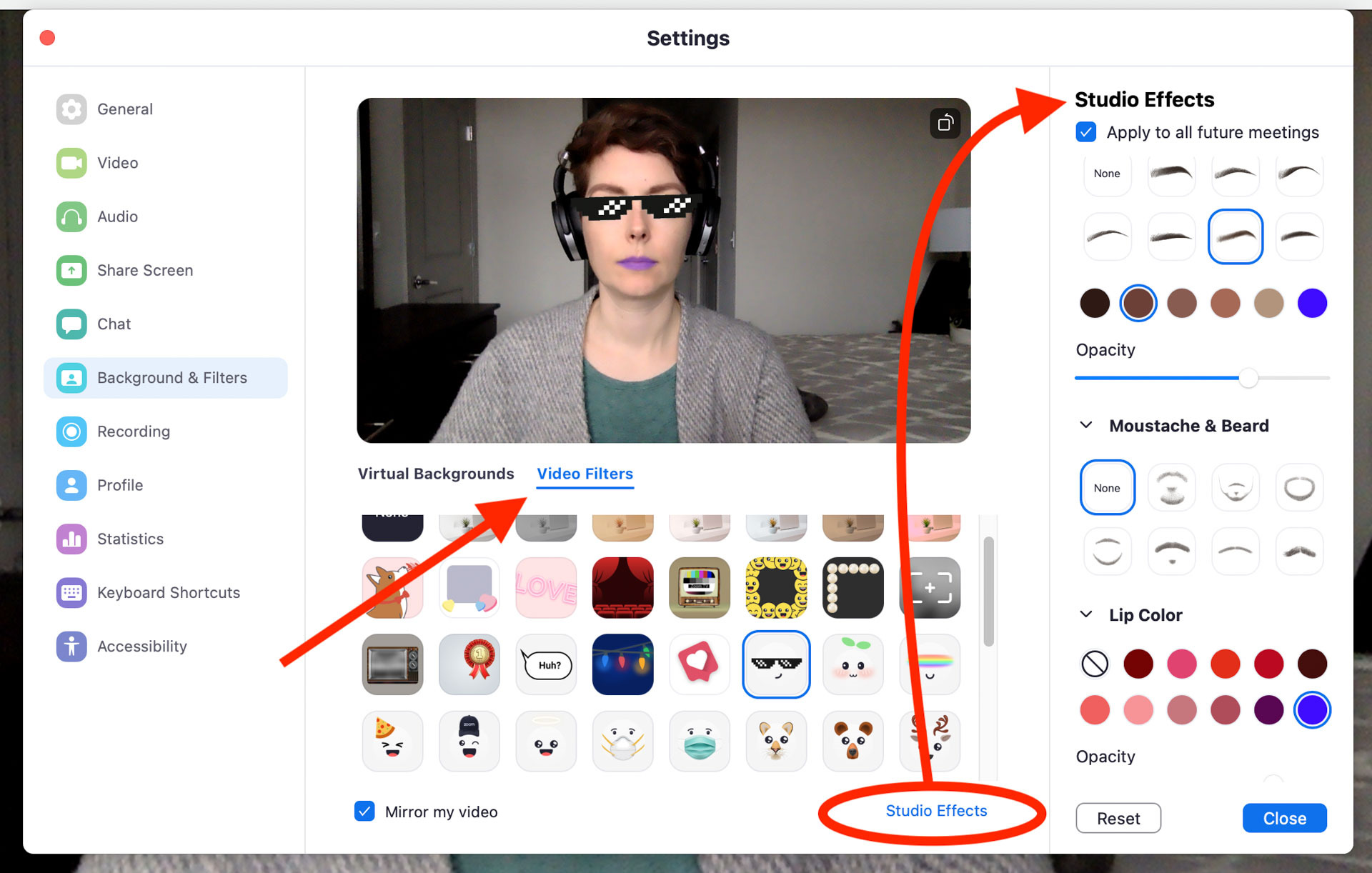 Filtros de vídeo de zoom
