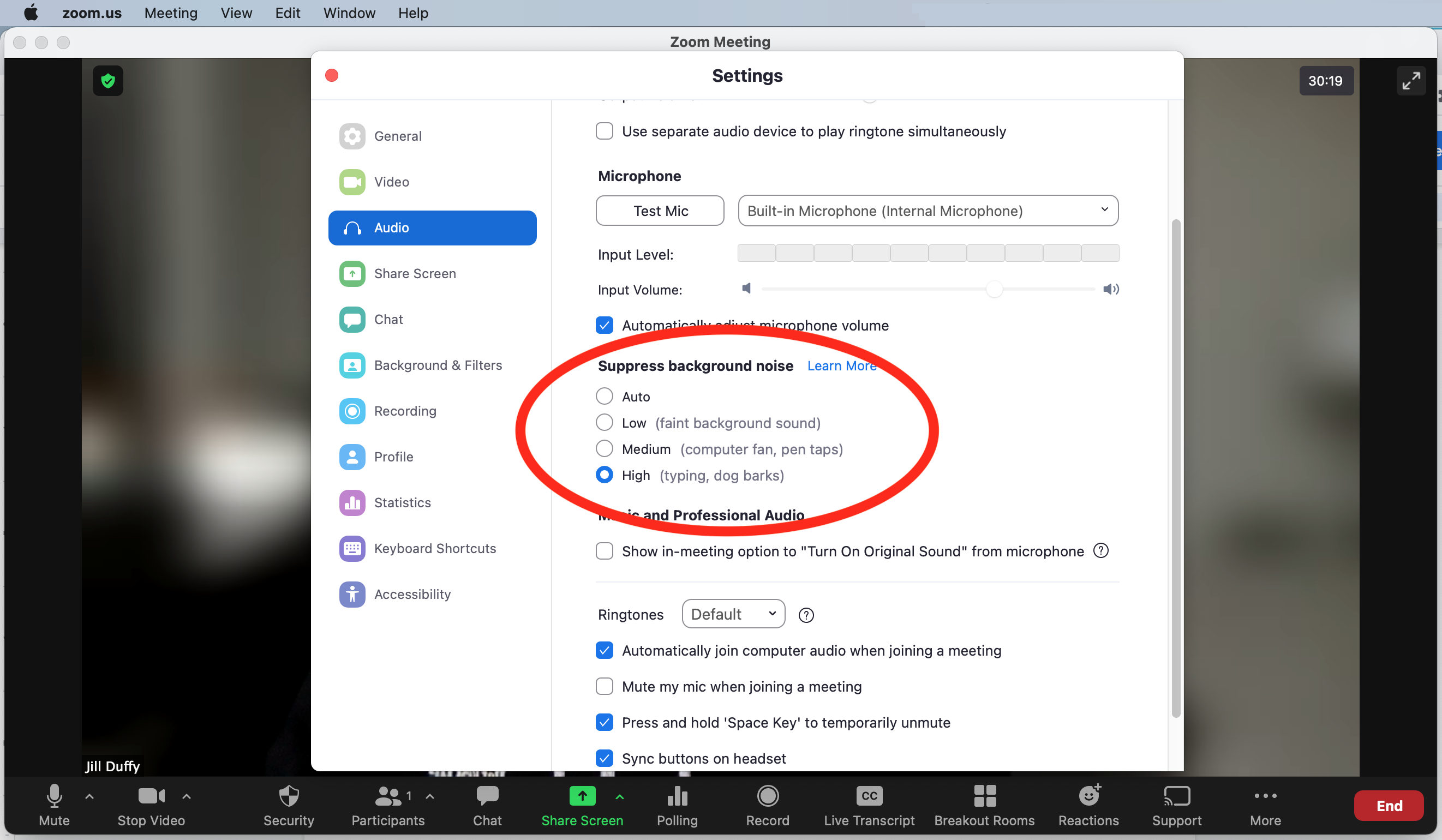 Zoom suprimir configurações de ruído