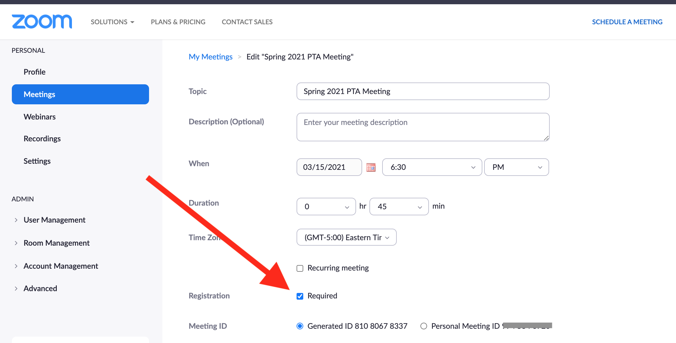 Configurações de requisitos de registro de zoom