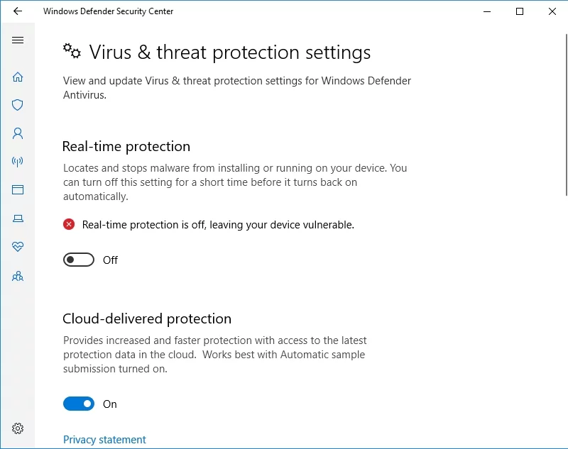Matikan perlindungan real-time untuk memeriksa apakah itu di balik Windows 10 Update Error 0x800703f1