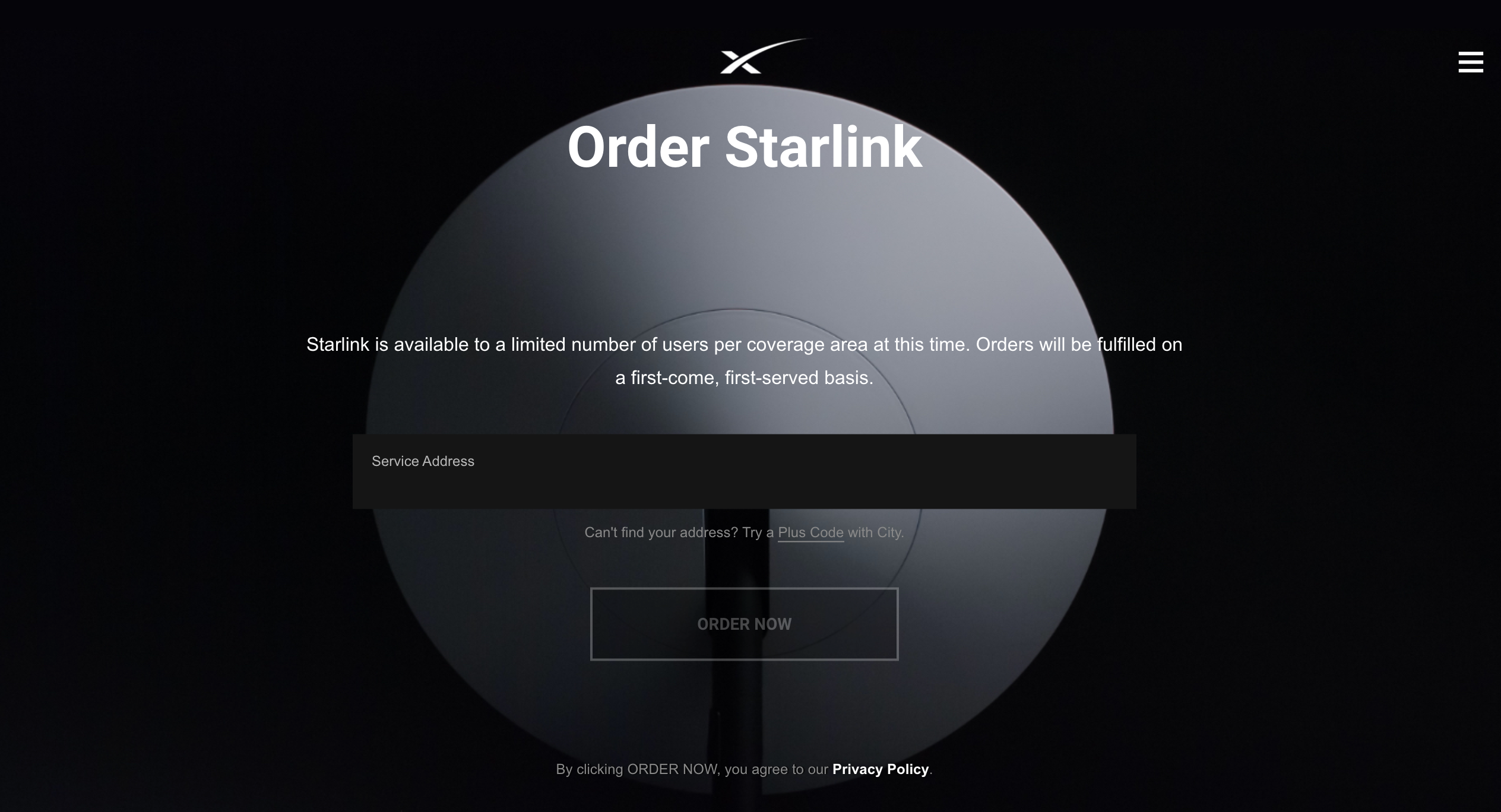 หน้าลงทะเบียน Starlink