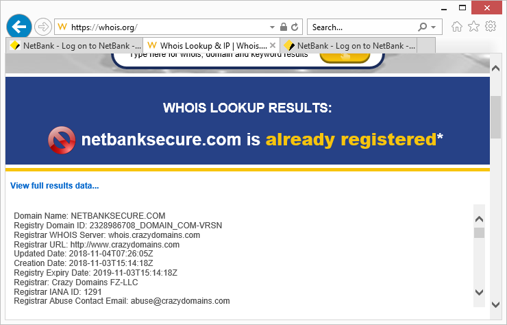 صفحة التصيد ، تحقق من Whois