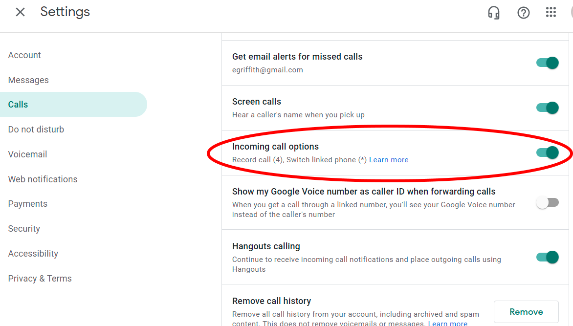 ตัวเลือกสายเรียกเข้าของ Google วอยซ์