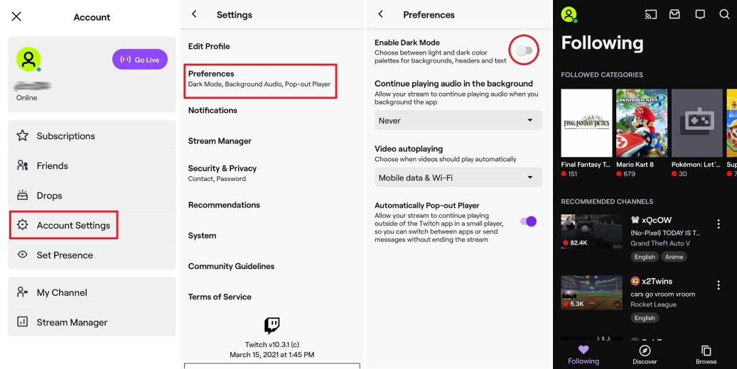 twitch android mode sombre