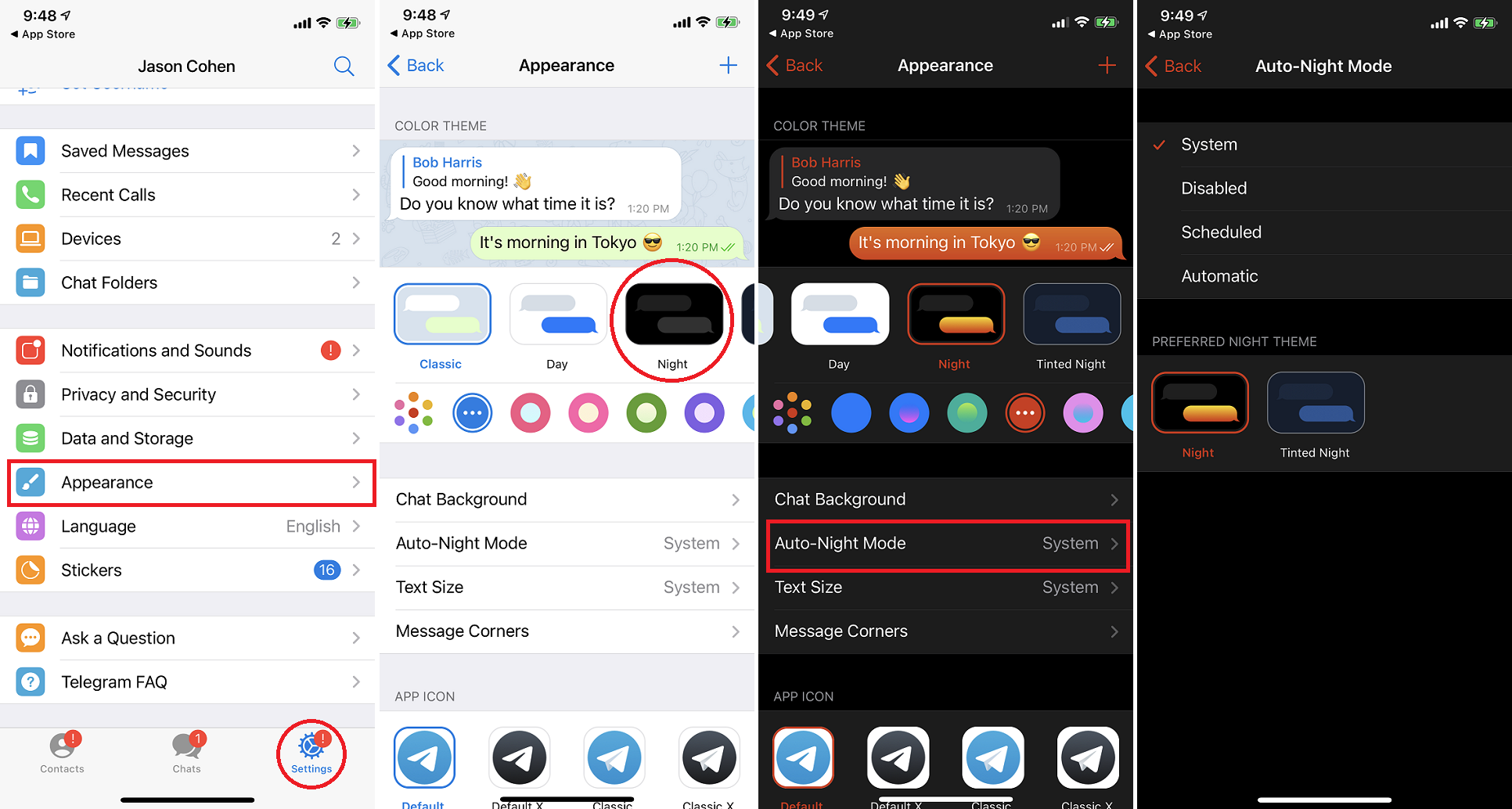 télégramme ios mode sombre
