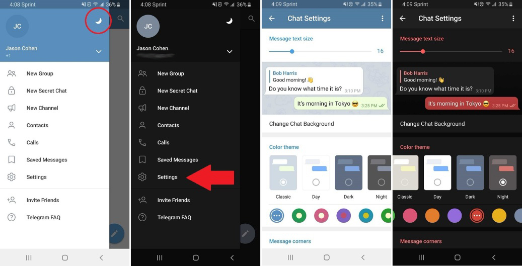 télégramme android mode sombre