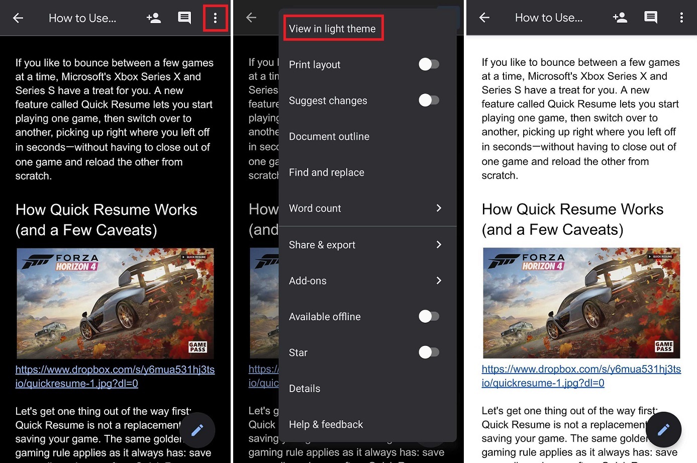 vue claire de google docs
