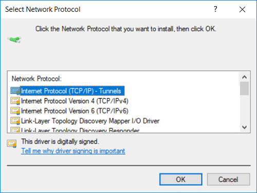 Pilih Internet Protocol (TCP IP) – Tunnels dan klik OK | Perbaiki entri registri soket Windows yang diperlukan untuk konektivitas jaringan yang hilang