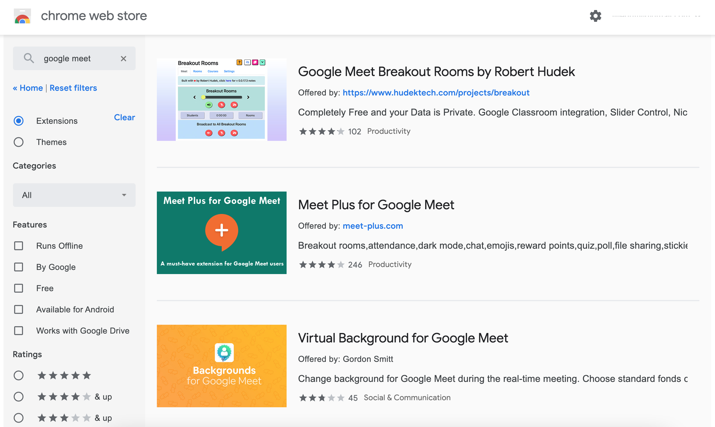 Auflistung der Google Meet-Erweiterungen