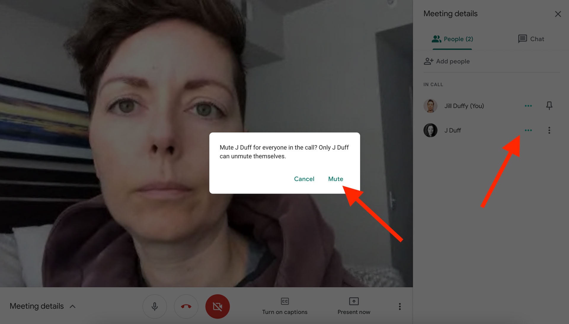 Google Meet-Screenshot mit Stummschaltdialog