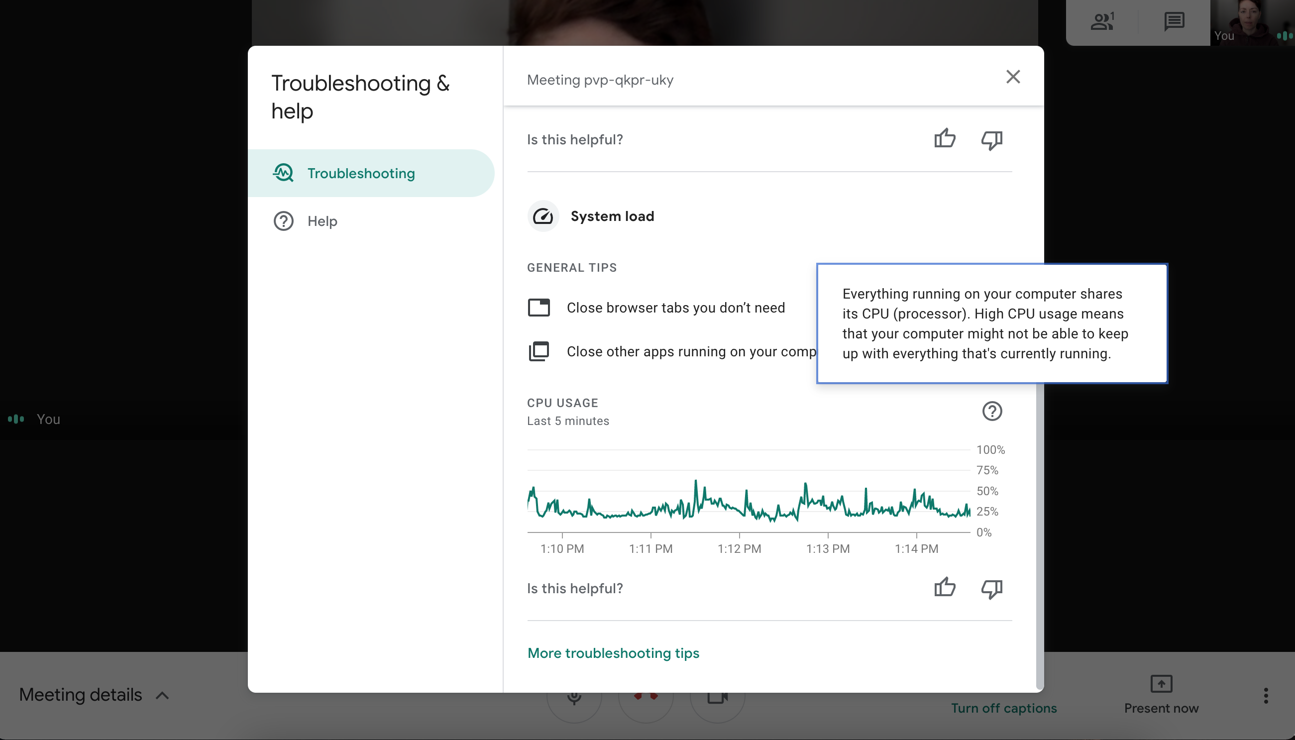 Dialogfeld zur Fehlerbehebung bei Google Meet