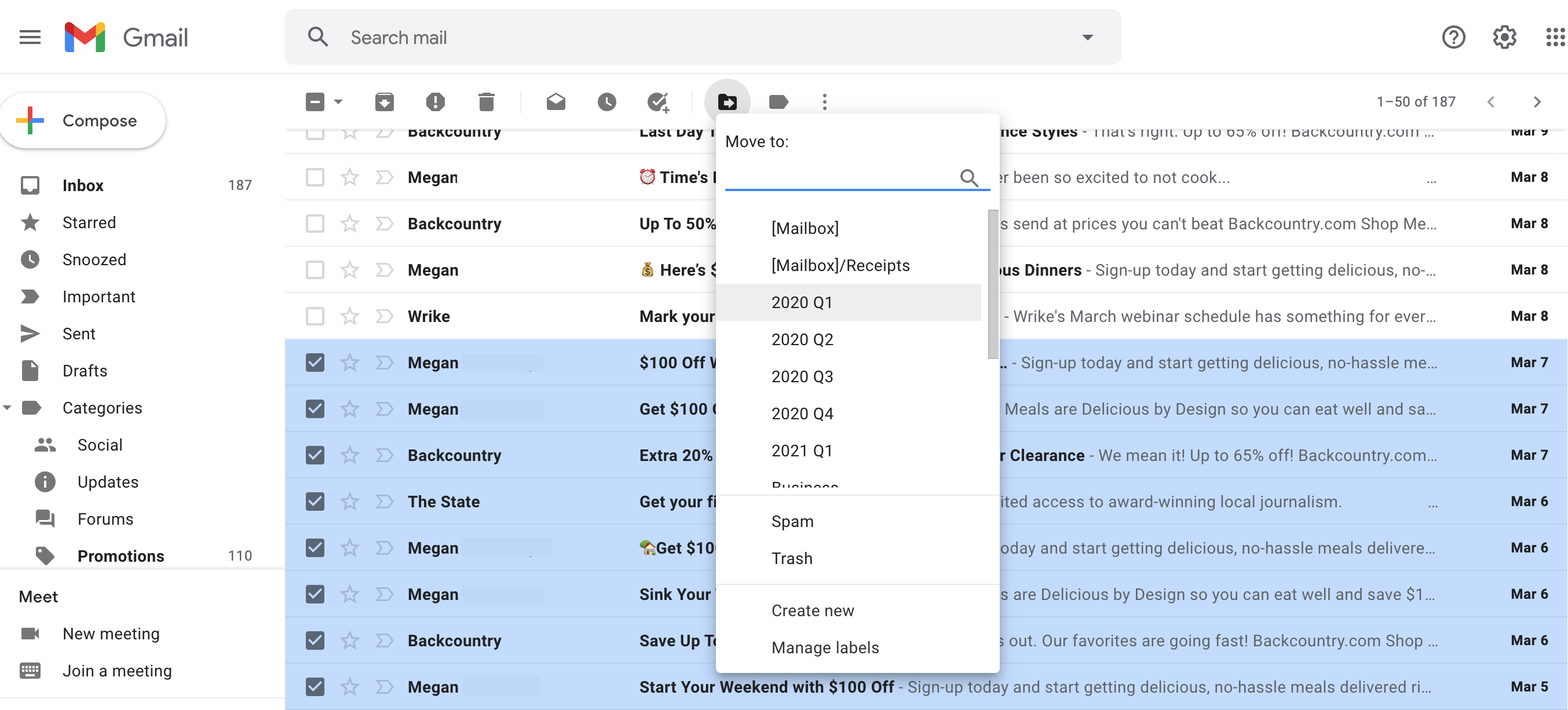 Gmail mover mensagens em massa para a pasta