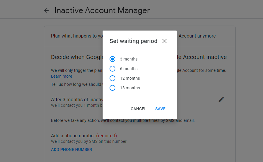 manager de cont inactiv Google