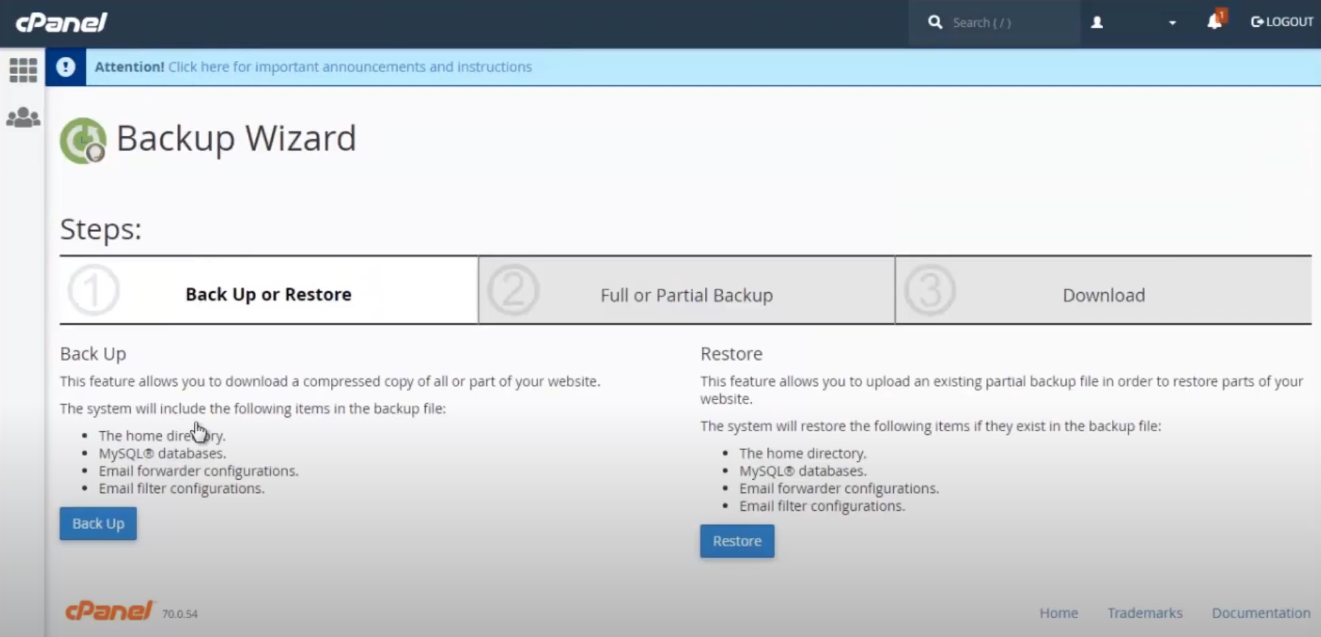 Asistent de backup în Cpanel