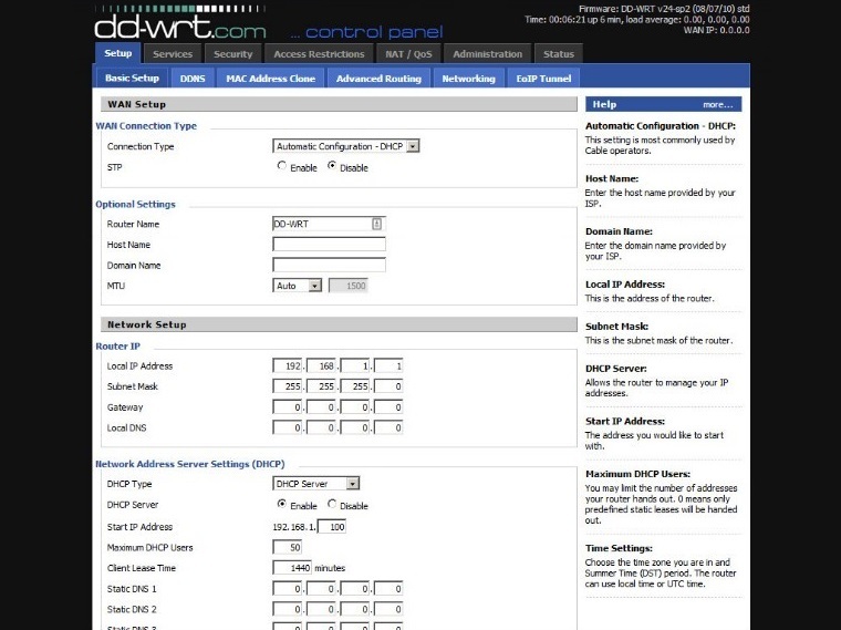 Screenshot der DD-WRT-DHCP-Setup-Seite