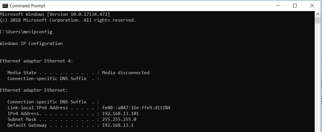 Screenshot der Windows-Befehlszeile mit der IP-Adresse eines lokalen Routers