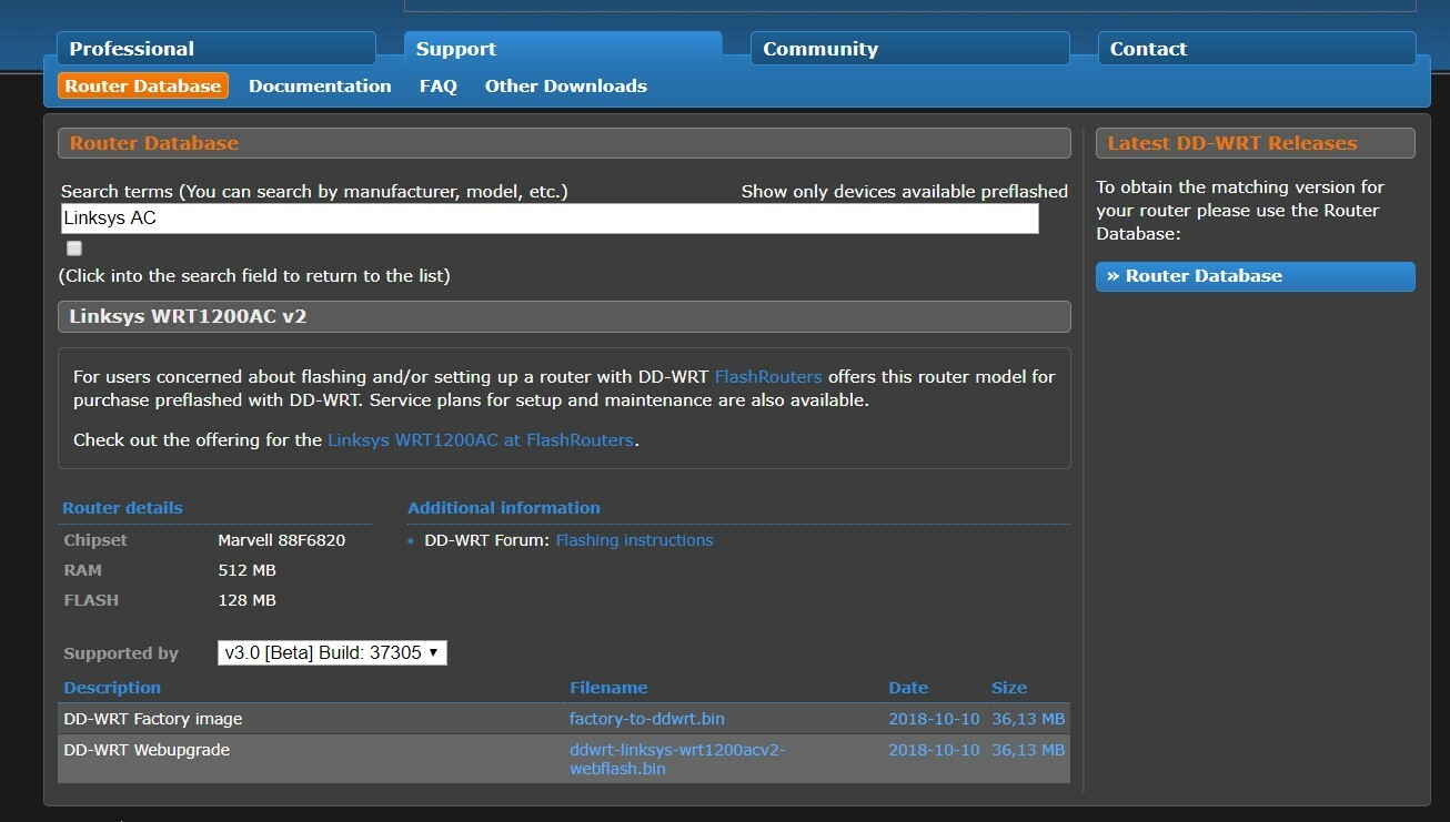 Screenshot der Download-Seite der DD-WRT-Website