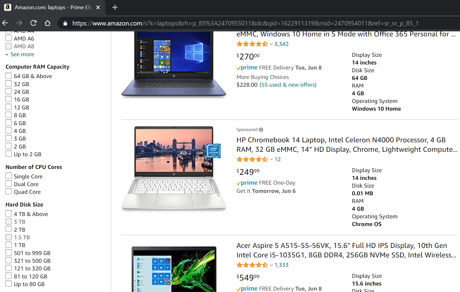 filtre de căutare Amazon atunci când căutați laptopuri