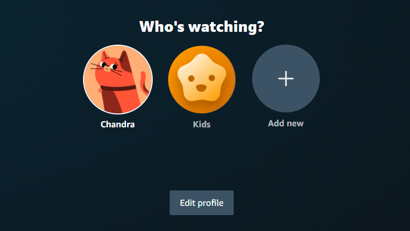 Siapa yang Menonton halaman profil dengan avatar pemegang akun, avatar anak-anak, dan tombol untuk menambahkan yang lain